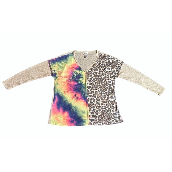 BiBi Womens Tie Dye Leopard Print Waffle Knit Long Sleeve V Neck Top Large - Picture 5 of 6